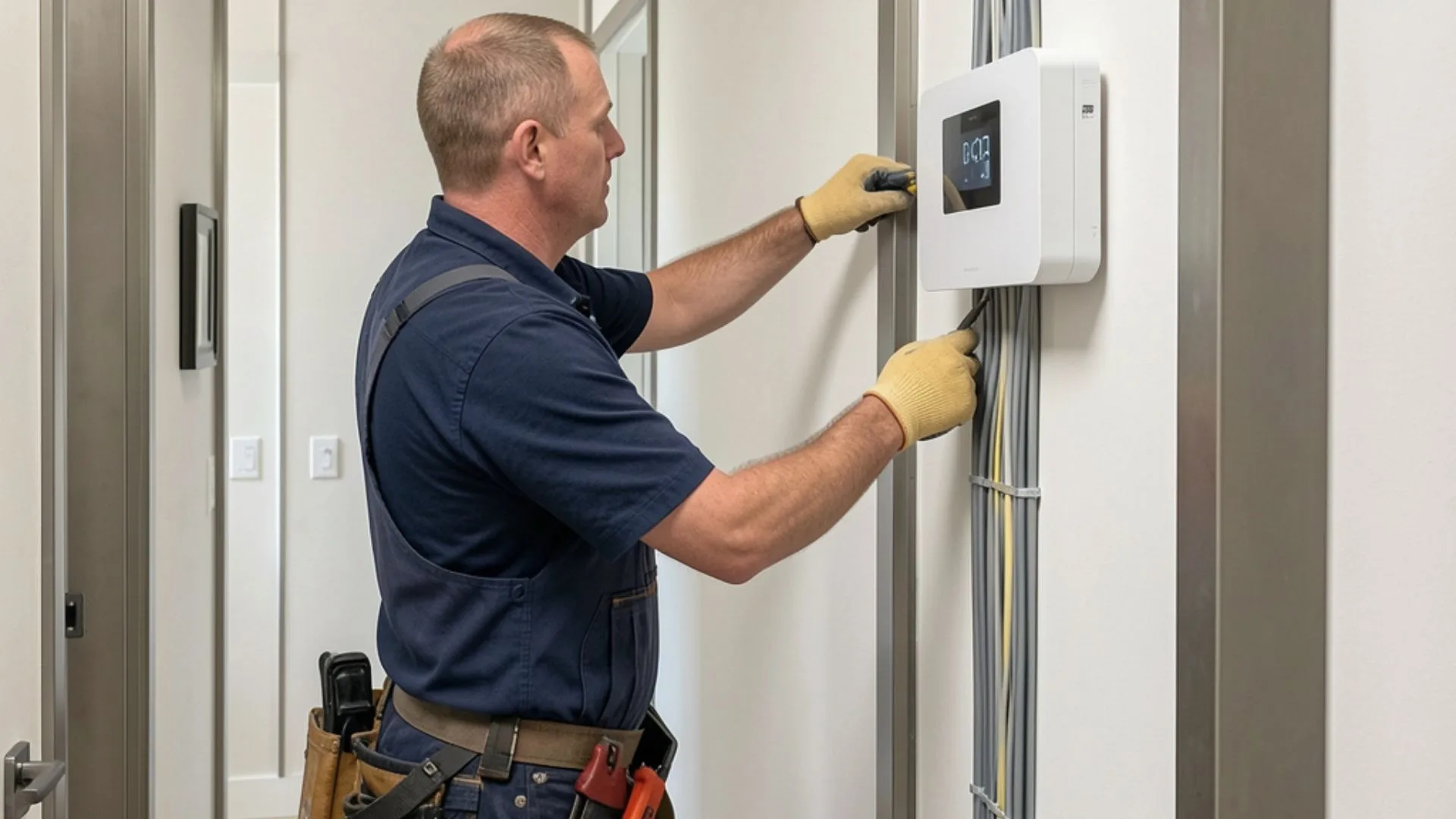 Мастер устанавливает панель управления умным домом